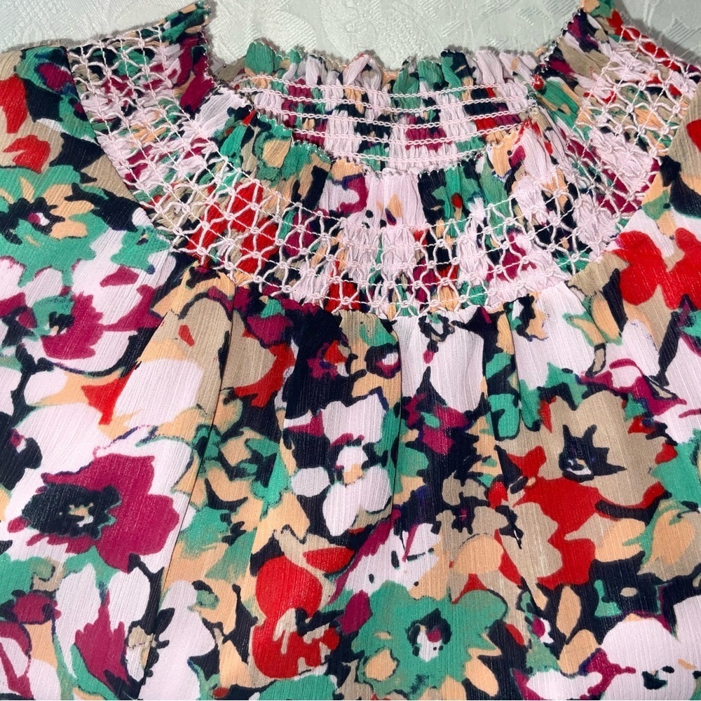 J.CREW Red Floral Print Ruffle Neck Top Women Size 12 Sleeveless - Picture 4 of 9